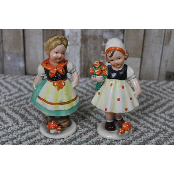 Two Small Glass Figurine Girls with Mushrooms & Flowers - Picture 1 of 6
